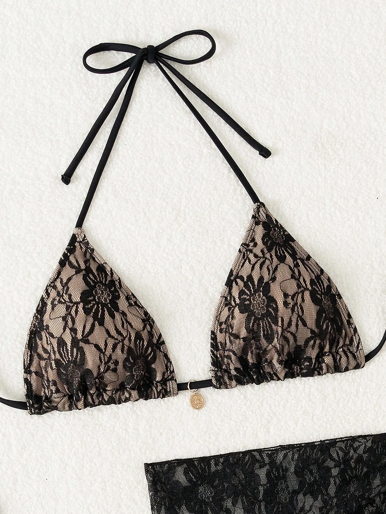 

3 Piece Women Lace Bikini Set Floral Pattern Halter Triangle Top Beach Swimwear