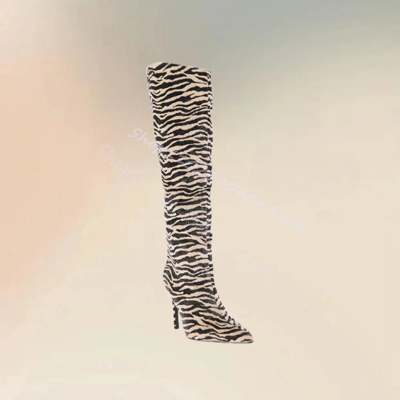 Zebra Print Horsehair Pointed Toe Runway Boots Side Zipper Women Shoes Thin High Heels Party Banquet 2024 Zapatos Para Mujere