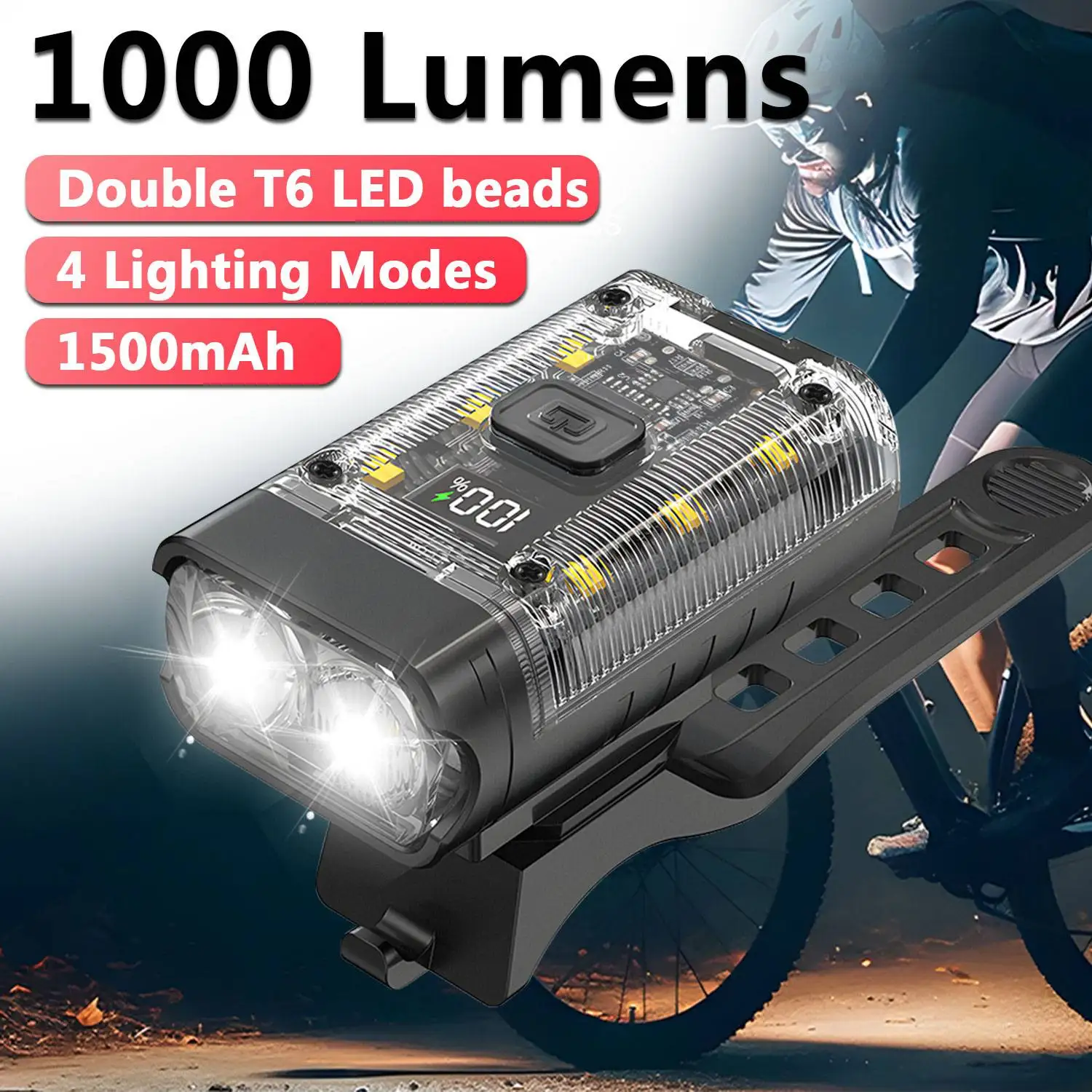 Ultra Bright Long-range Bike Light, Portable 1500mAh T6 LED USB Charging Mountain Bike Light, 1000LM Bike Headlight Flashlight