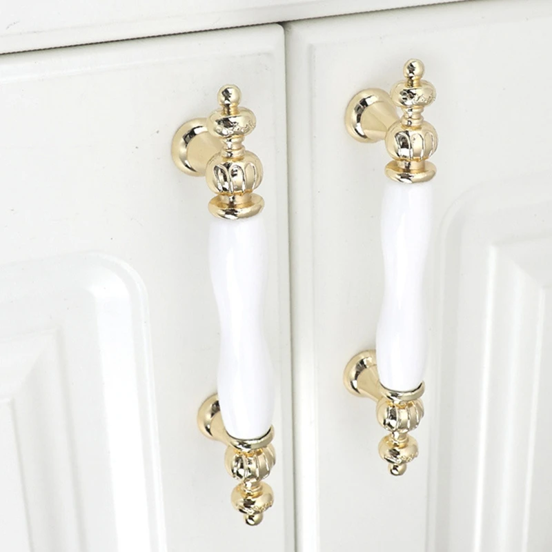 Fashion Ceramic Cabinet Handle Golden Kitchen Cupboard Door Handle Drawer Pull European Style White Furniture Handle