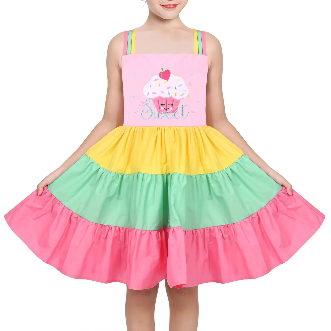 Girls Dress Ice Cream Rainbow Striped Suspender Sleeveless Sundress