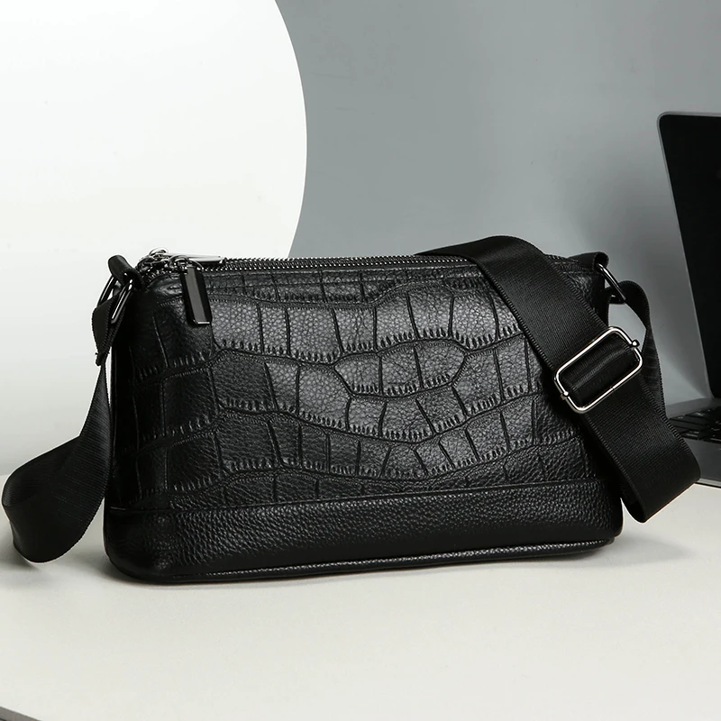 new Men's genuine leather shoulder bags cowhide crossbody bags double zipper Crocodile patterned men bags bolsos para hombre 가방