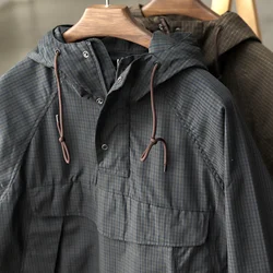 0480# Autumn Japanese Retro Long Sleeve Hooded Plaid Cargo Jacket Men's Fashion Windproof Loose Casual Functional Stormsuit Coat