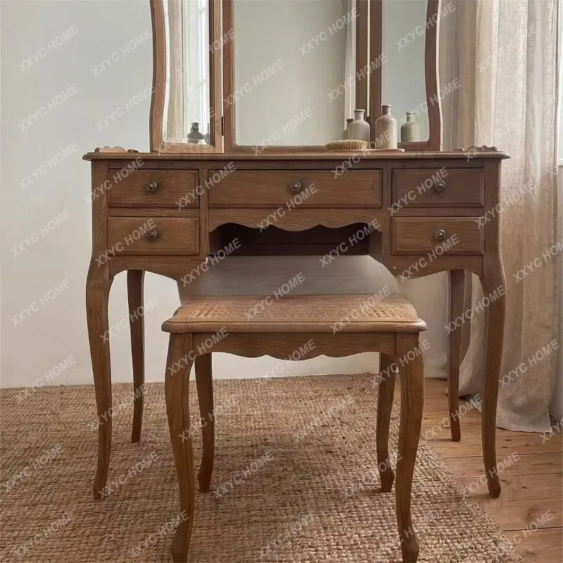 XX retro dressing table bedroom dressing table solid wood three-fold makeup mirror integrated storage table