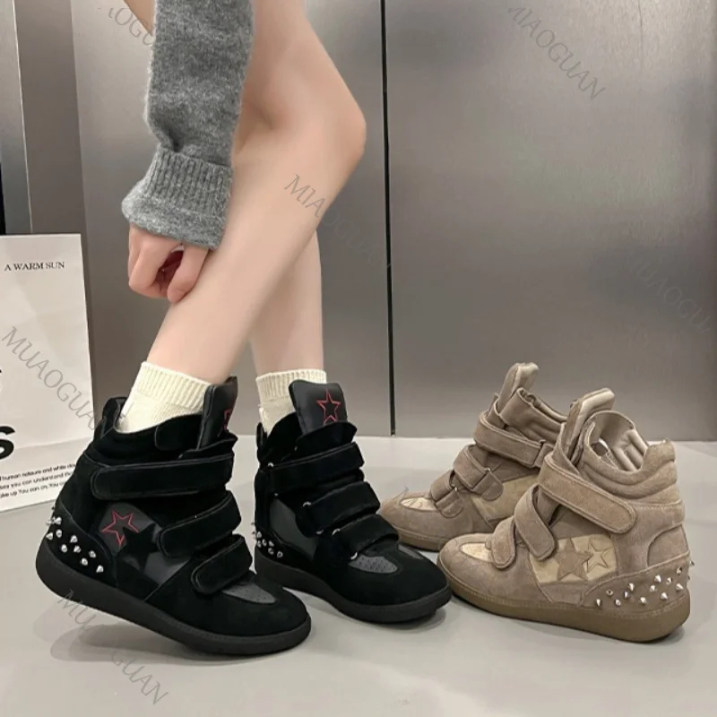 Women High-top Boots Fashion Thick-sole Casual Rivet Shoes Inner Heightening Sneakers Luxury Design Ankle Booties Botas Mujer