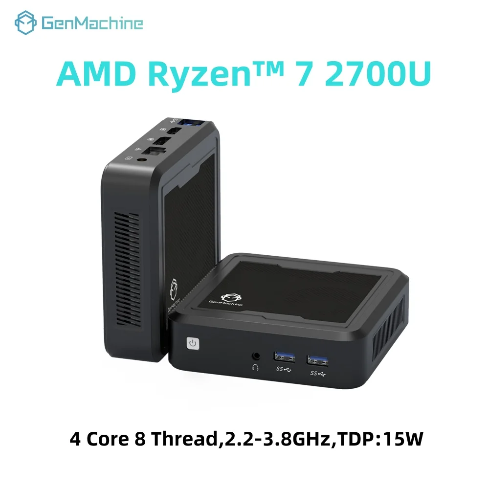 Genmachine Mini PC Windows 11 AMD Ryzen 7 2700U Mini PC 4 núcleos 8 hilos 3,8 GHz 15W DDR4 RAM WiFi 5 BT5.2 computadora de escritorio
