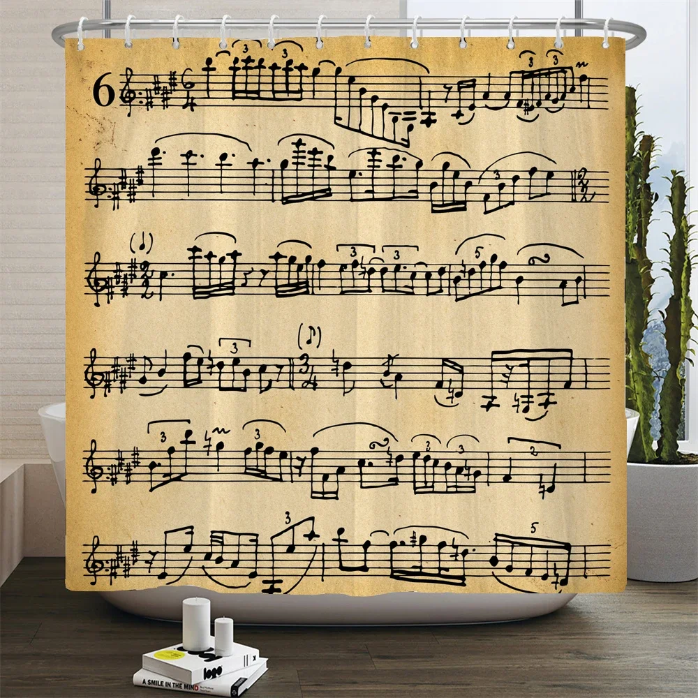 200x180cm Bathroom Waterproof Shower Curtain Simple Art Music Notes Pattern Printed Polyester Home Decoration Curtain With Hooks