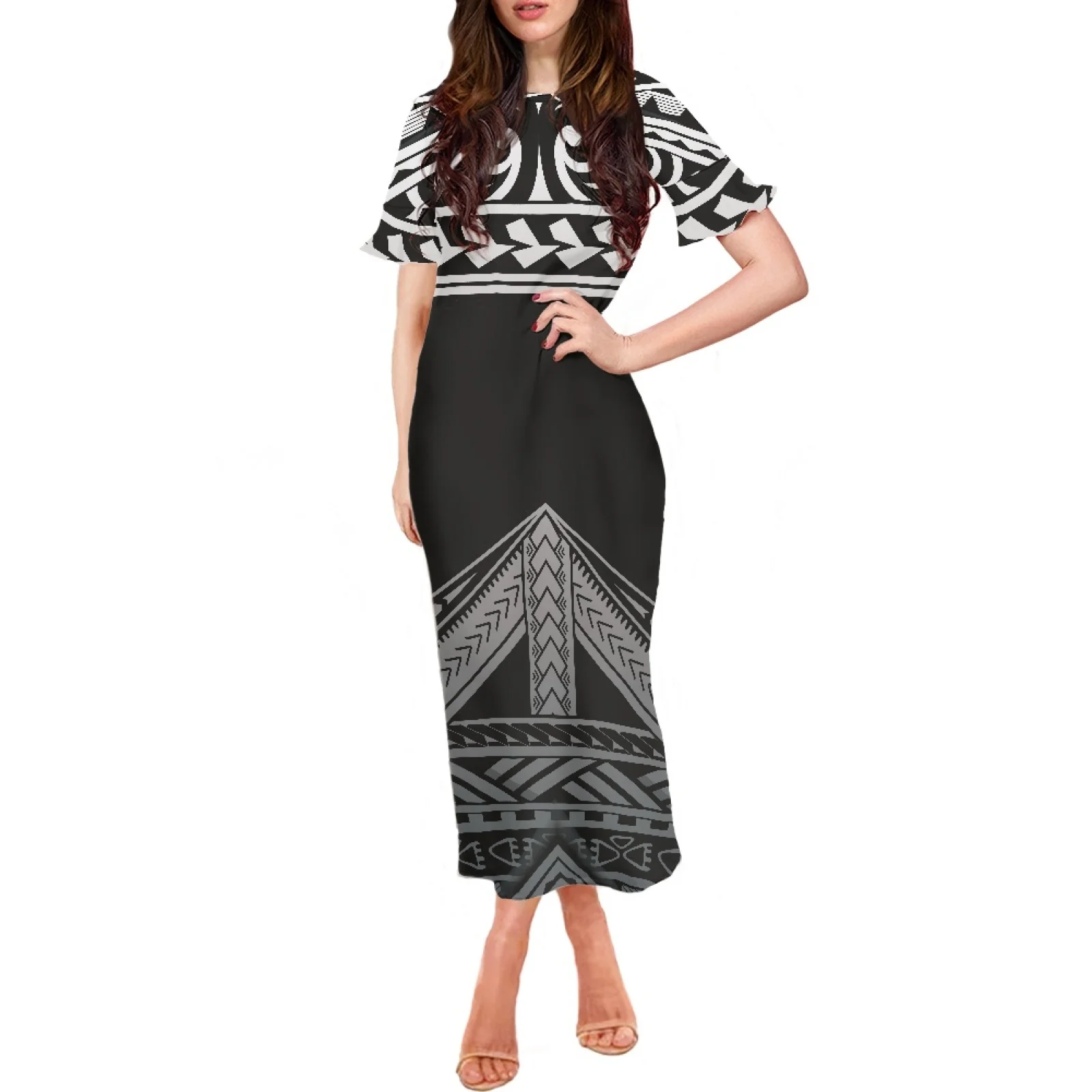 

Polynesia Tribal Hawaii Summer Tattoos Print Clothing Chic And Elegant Woman Dress Short Ruffle Sleeve O-Neck Fashion Long Dres