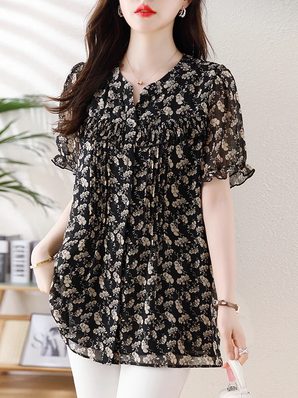 

2025 plus Size Women's irt Floral Print Chiffon Loose ort Sve V-Ne Slimming Top for Full Figured Ladies
