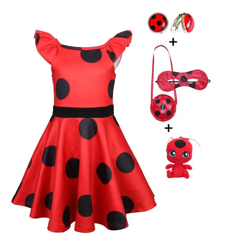 2024 Halloween Fantasia Red Circular Polka Dot Costumes Earring Kids Dress Justice Bug Cosplay Christmas Party Child Girls Suit