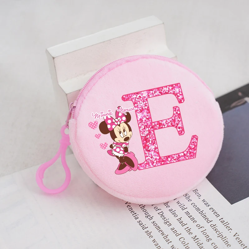 Minnie Mouse Round Plush Coin Purse Disney Anime Cartoon Letter Printed Wallet Boys Girls Portable Mini Key Storage Bags Gifts