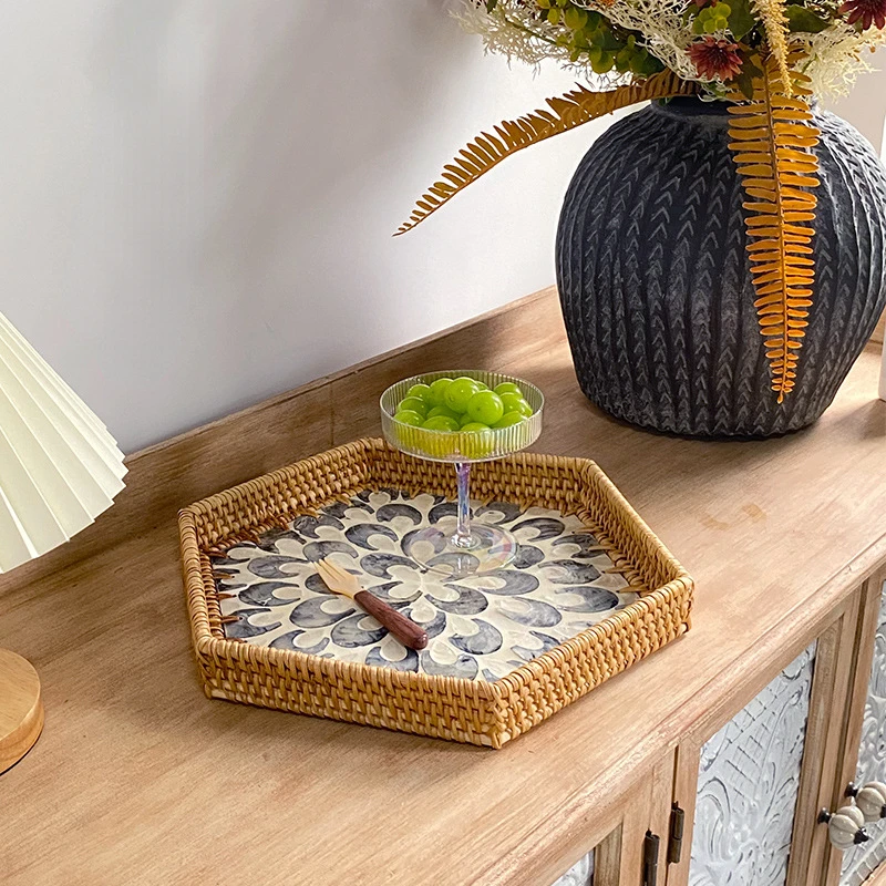 

Rattan Shell Feather Storage Baskets Kitchen Storage Polygon Home Living Room Senior Gray Fruit Basket Candy Restaurant Tray