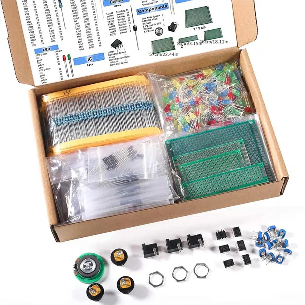 

1900 pcs Mega Electronic Component Kit including Assortment + Capacitors + Resistors + LED + Transistors + DC Jacks + PCB +opamp