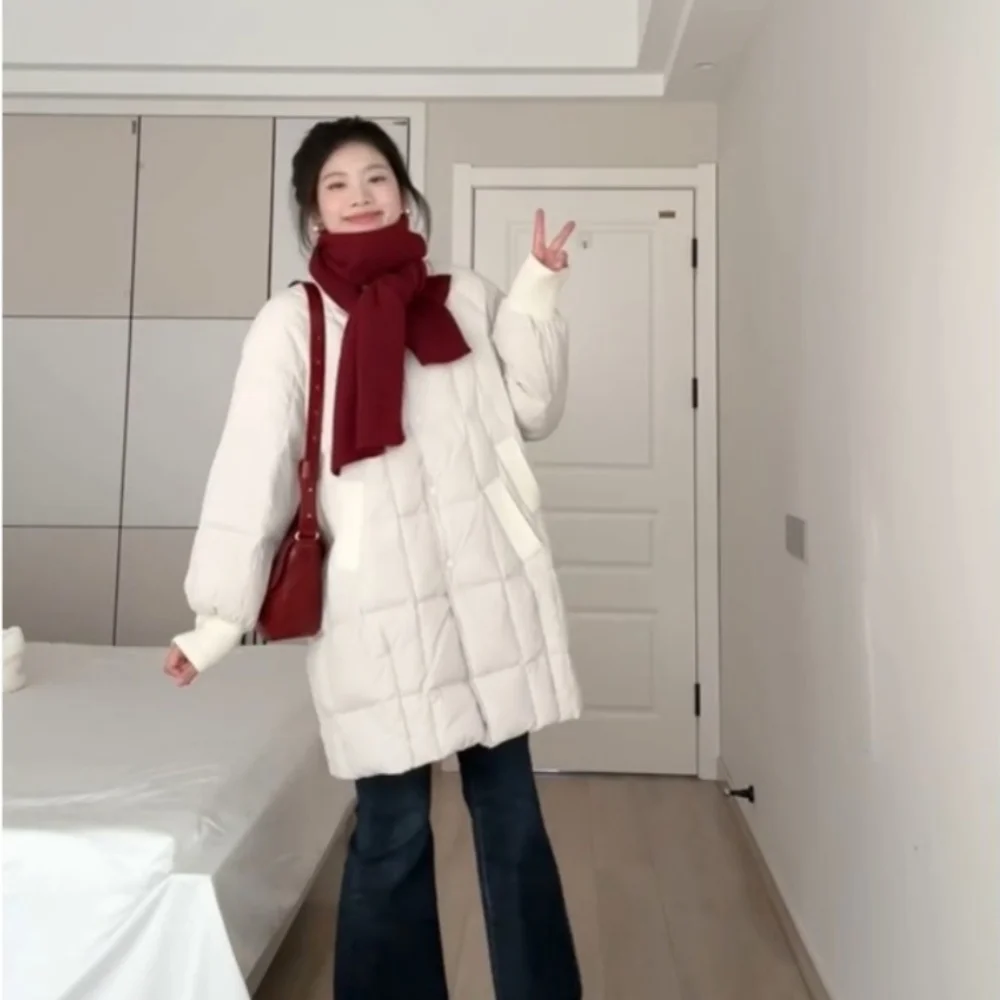 Korean Style Mid-length Round Neck Single Breasted Cotton-padded Jacket Women Fashion Simple Casual Loose Versatile Down Jacket