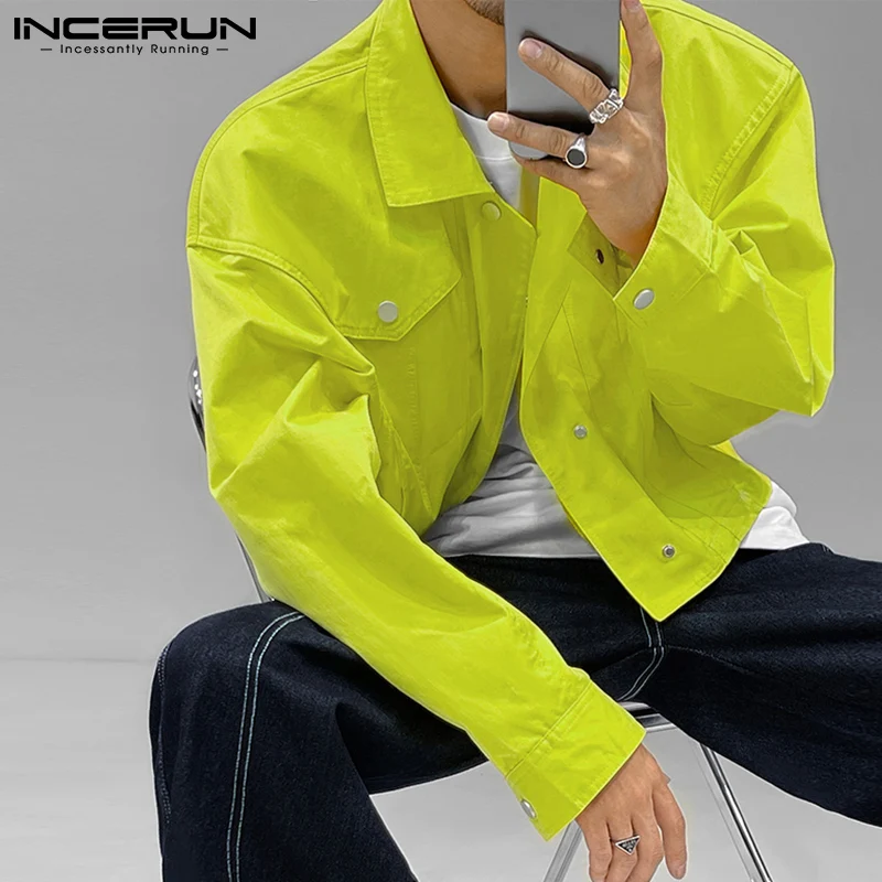 

INCERUN 2025 Men's Jackets Lapel Long Sleeve Solid Color Button Crop Coats Men Fashion Streetwear Casual Thin Outerwear S-5XL