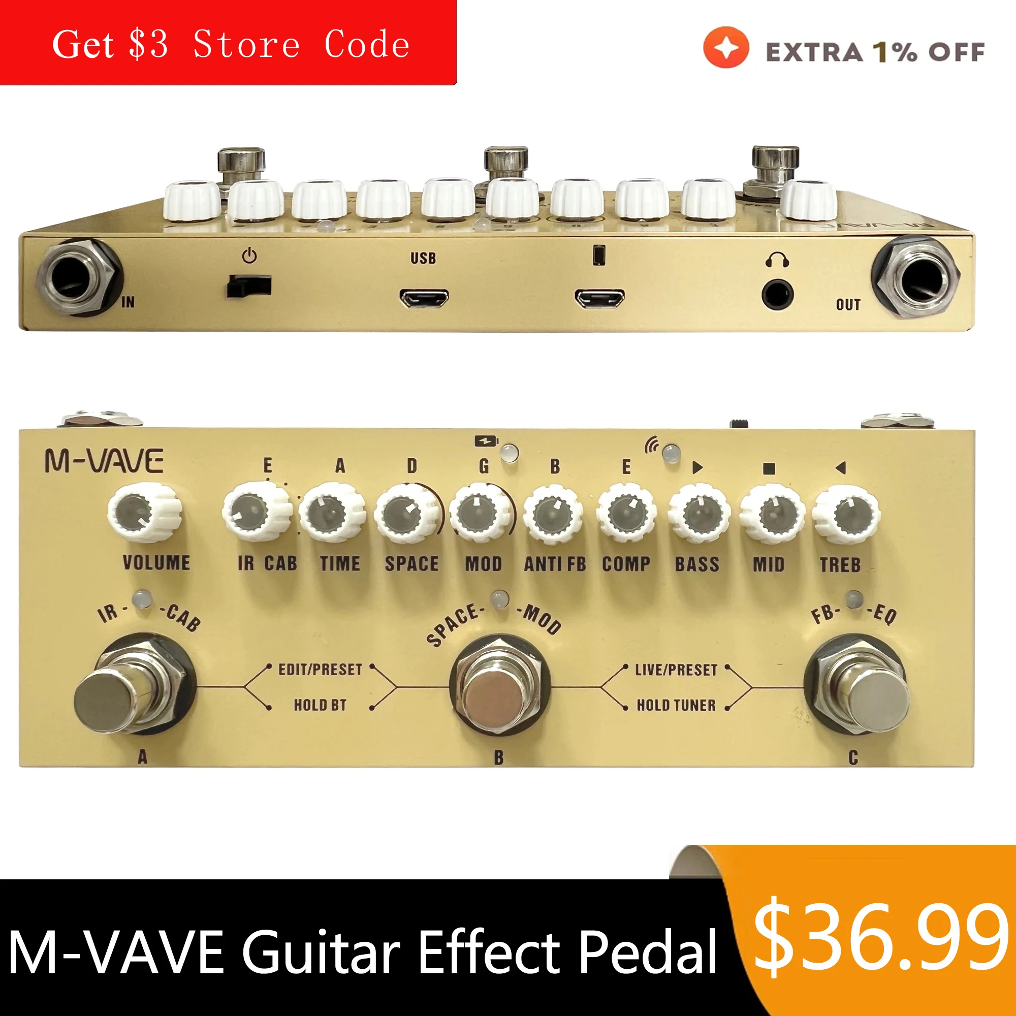 Pedal multiefectos recargable M-VAVE Cube BABY para guitarra acústica de madera, función de interfaz de Audio, Pedal Cuvave