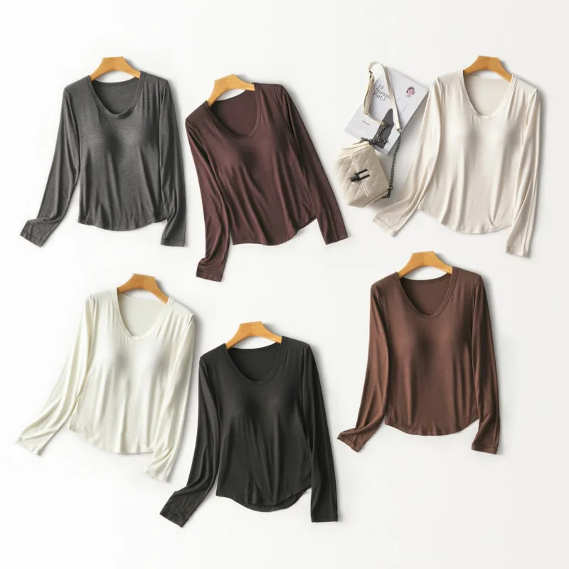 U-Neck Base Top With Built-in Bra,2.5% Albas Cashmere Blend Slim Elastic Thermal Top,Fall Winter Soft Lightweight Warm
