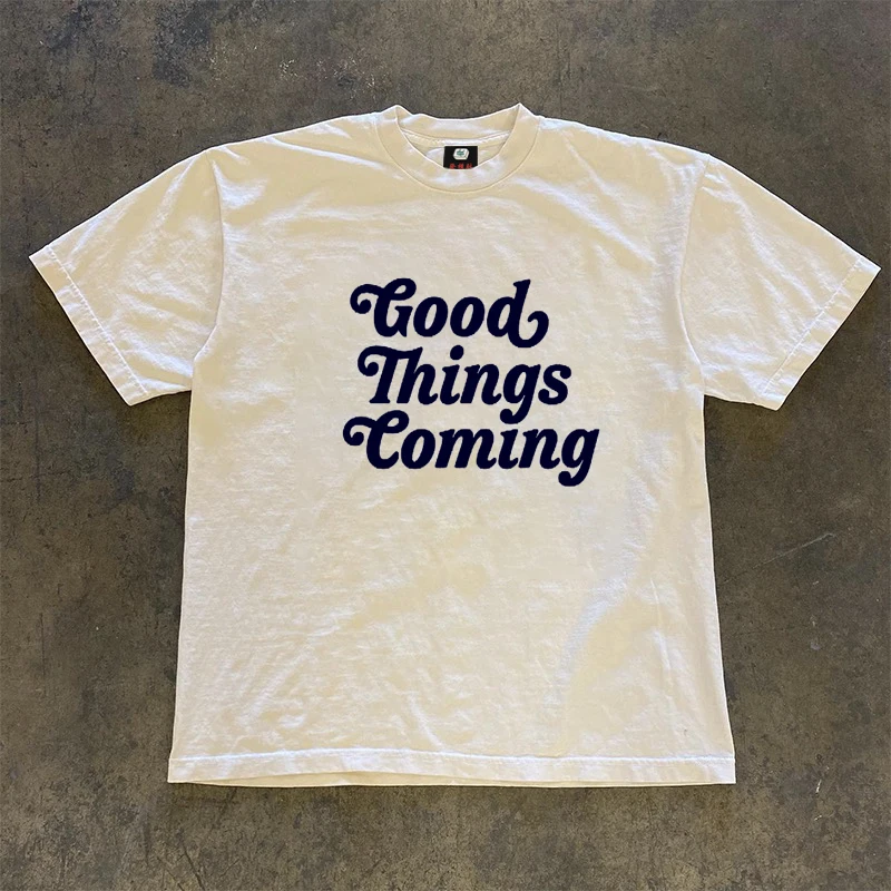 Dopamine Healing Series Short Sleeve T-Shirt Retro Sports Good Things Coming Small Size Advanced Feeling Cotton round Neck