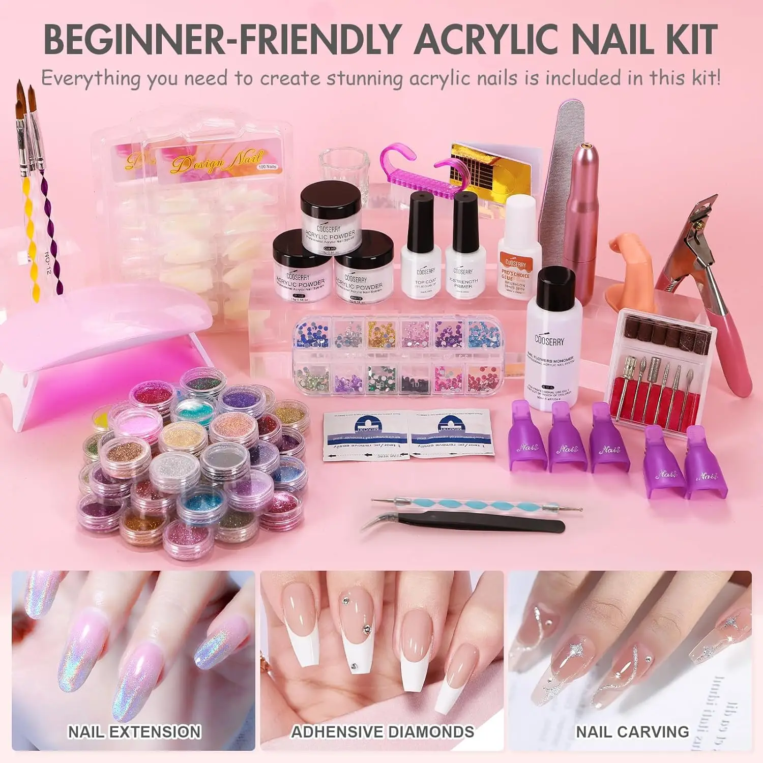 Kit d'ongles en acrylique pour débutants avec perceuse et lumière U V, ensemble de liquide et de poudre, tout avec tout