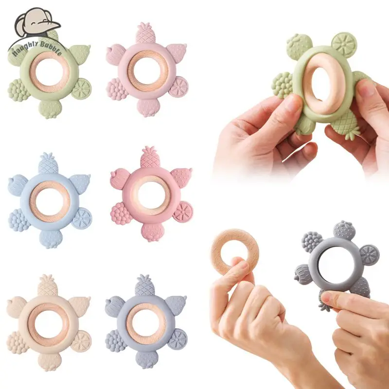 Silicone Teether BPA Free Flower Shape Teething Toys Fruits Baby Touch Sensory Teether Wooden Teether Ring Colourful Kid Gift