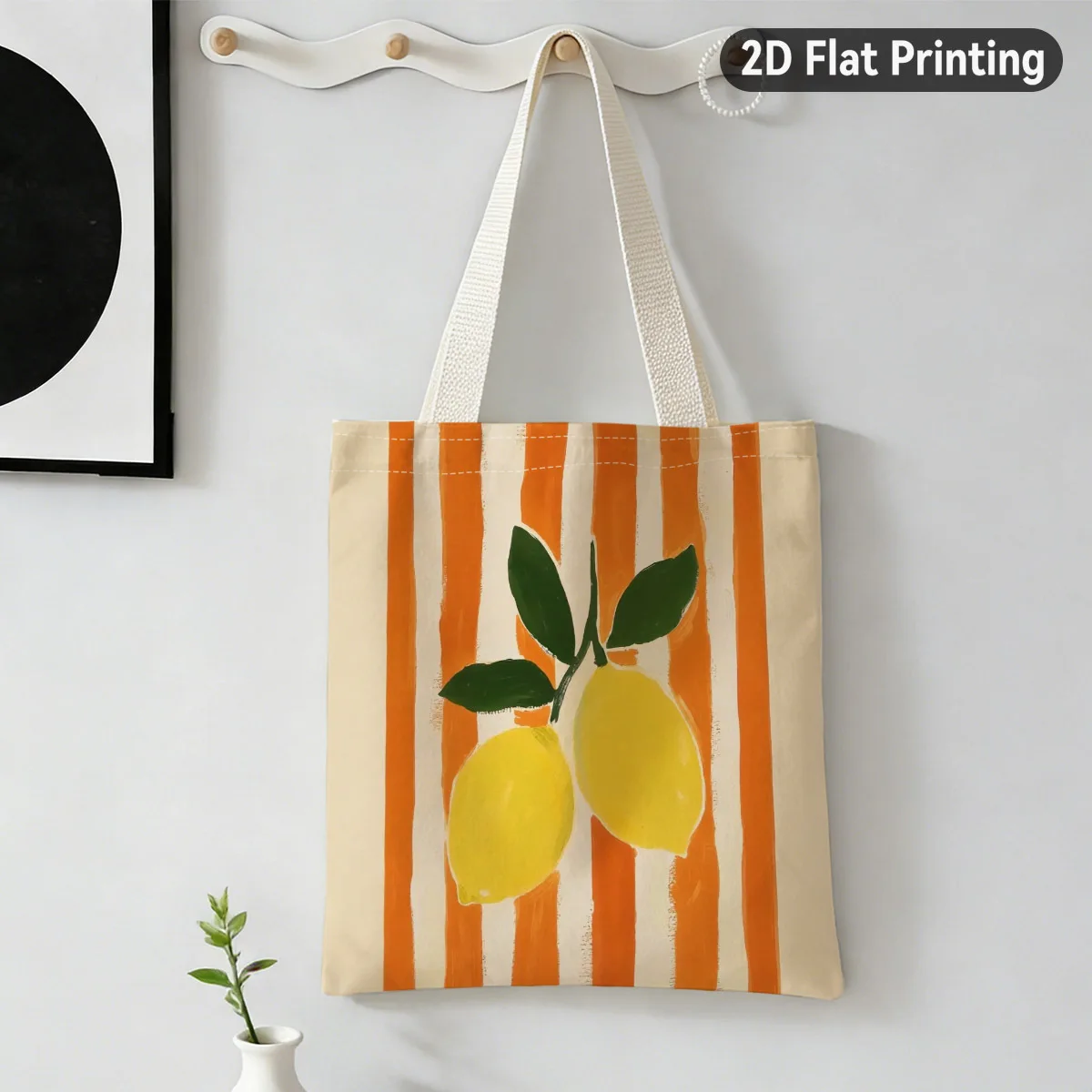 Minimalist Yellow Lemons with Green Leaves Durable Tote Bag Duplex Prints Bright Citrus Fruit on Striped Background Shopping