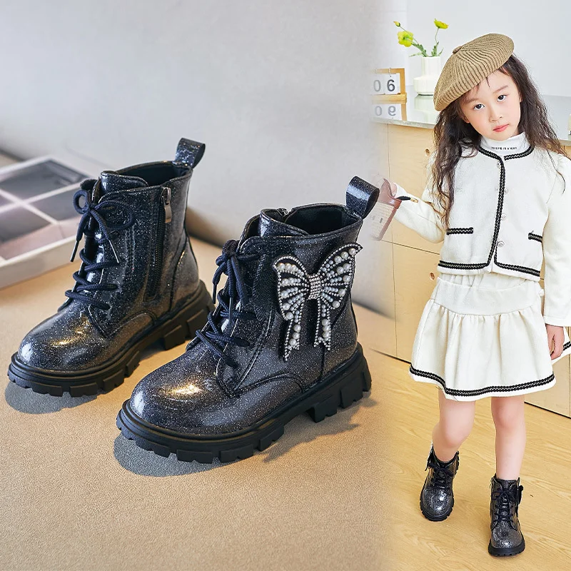 

Autumn Winter New Bow Princess Girl Shoe Fashion Glitter Shiny Ankle Boot Soft Sole Non-Slip Kid Boots