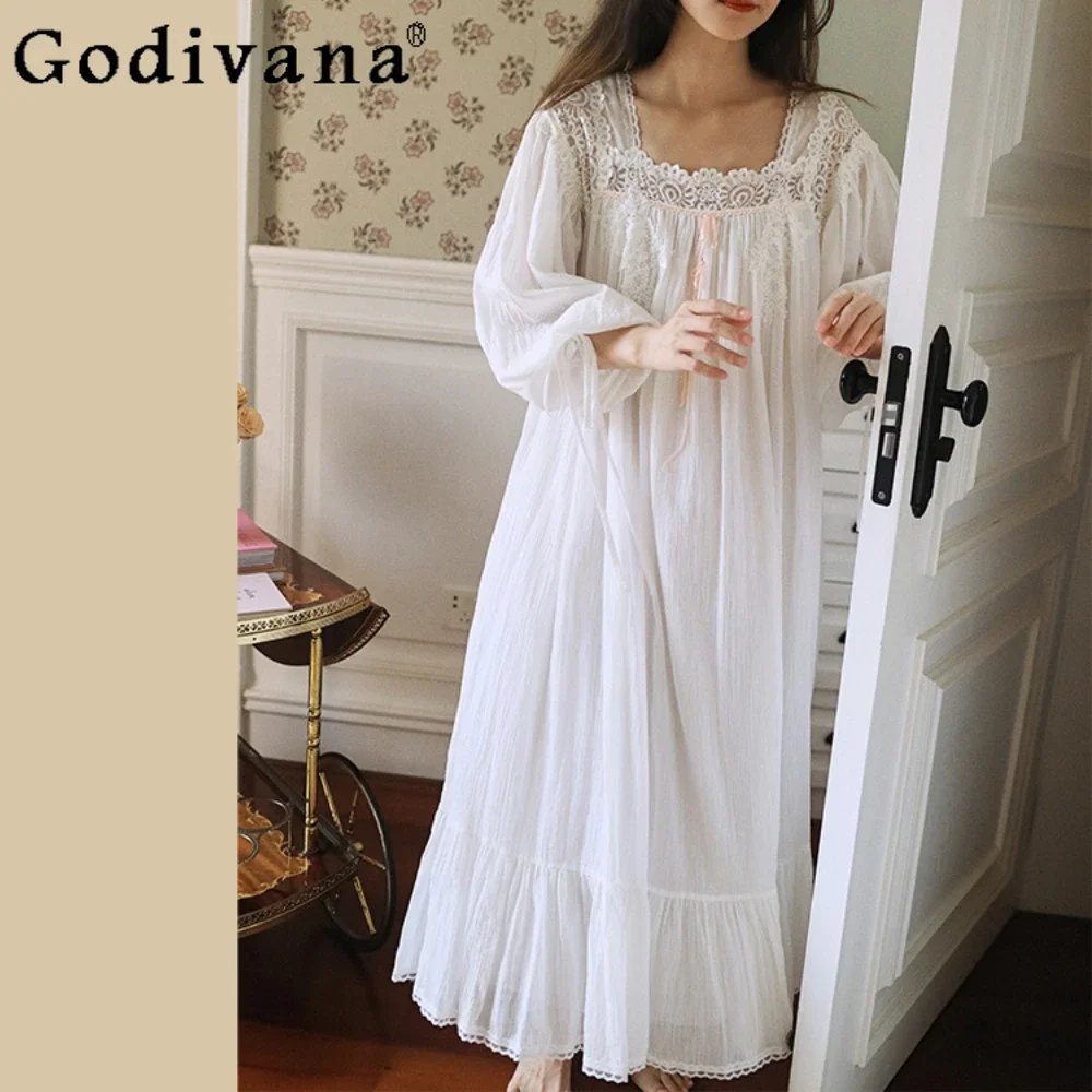 Cotton White Nightgown French Fairy Court Style Retro Princess Pajamas Sweet Girly Casual Sleepwear