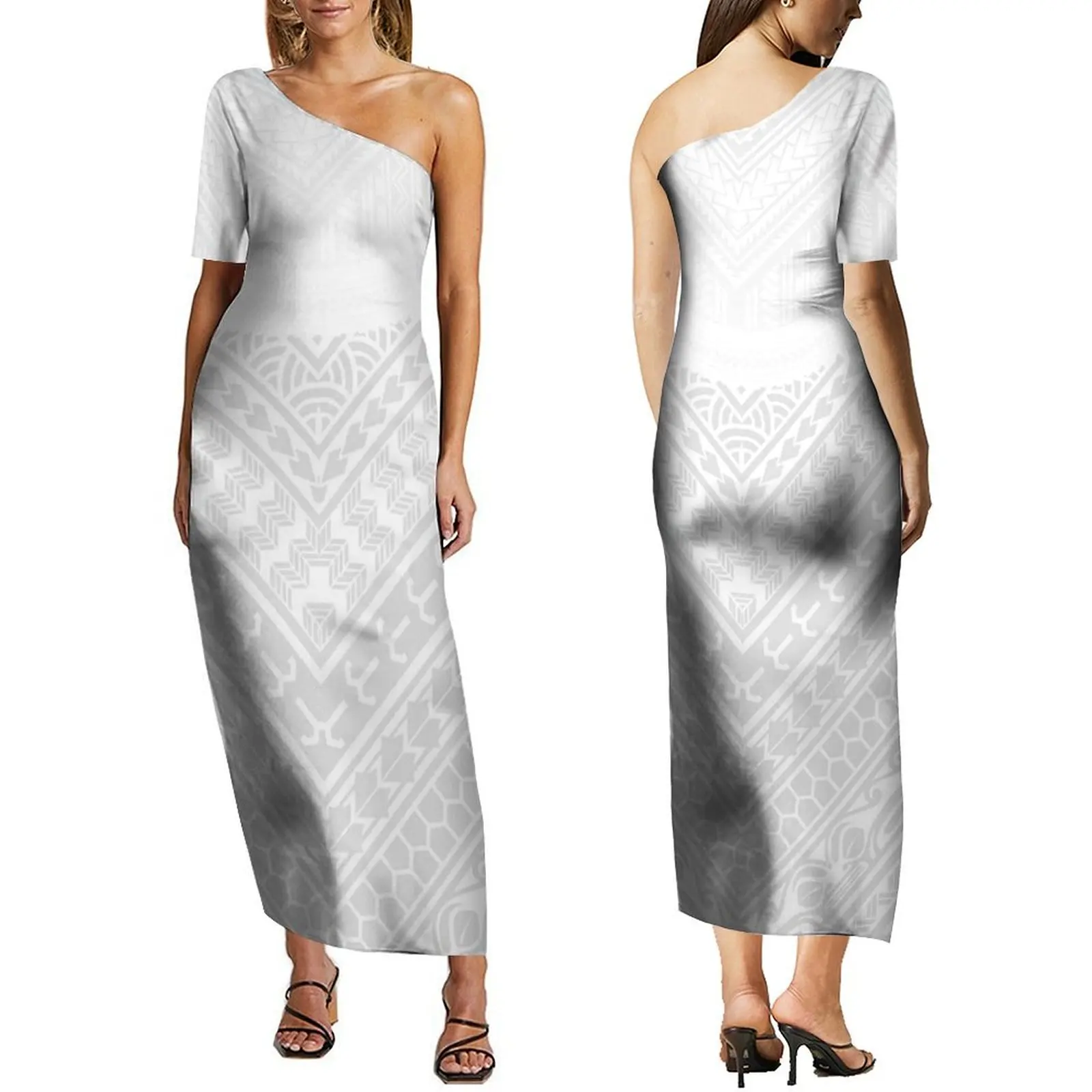 

Custom Mother'S Day Dress Polynesian Tribe Designs One-Shoulder Dress For Party Dance Short Sleeved White Slit Dress