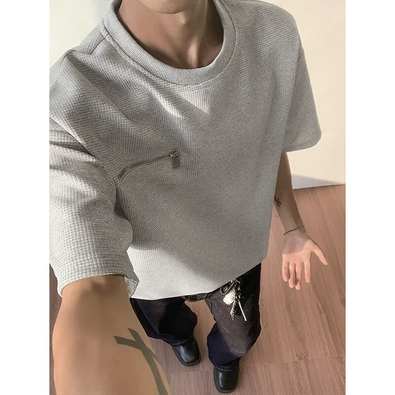 Men's Waffle Knit T-shirt with Zipper Detail Loose Casual Summer Clean Fit Short Sleeve Top