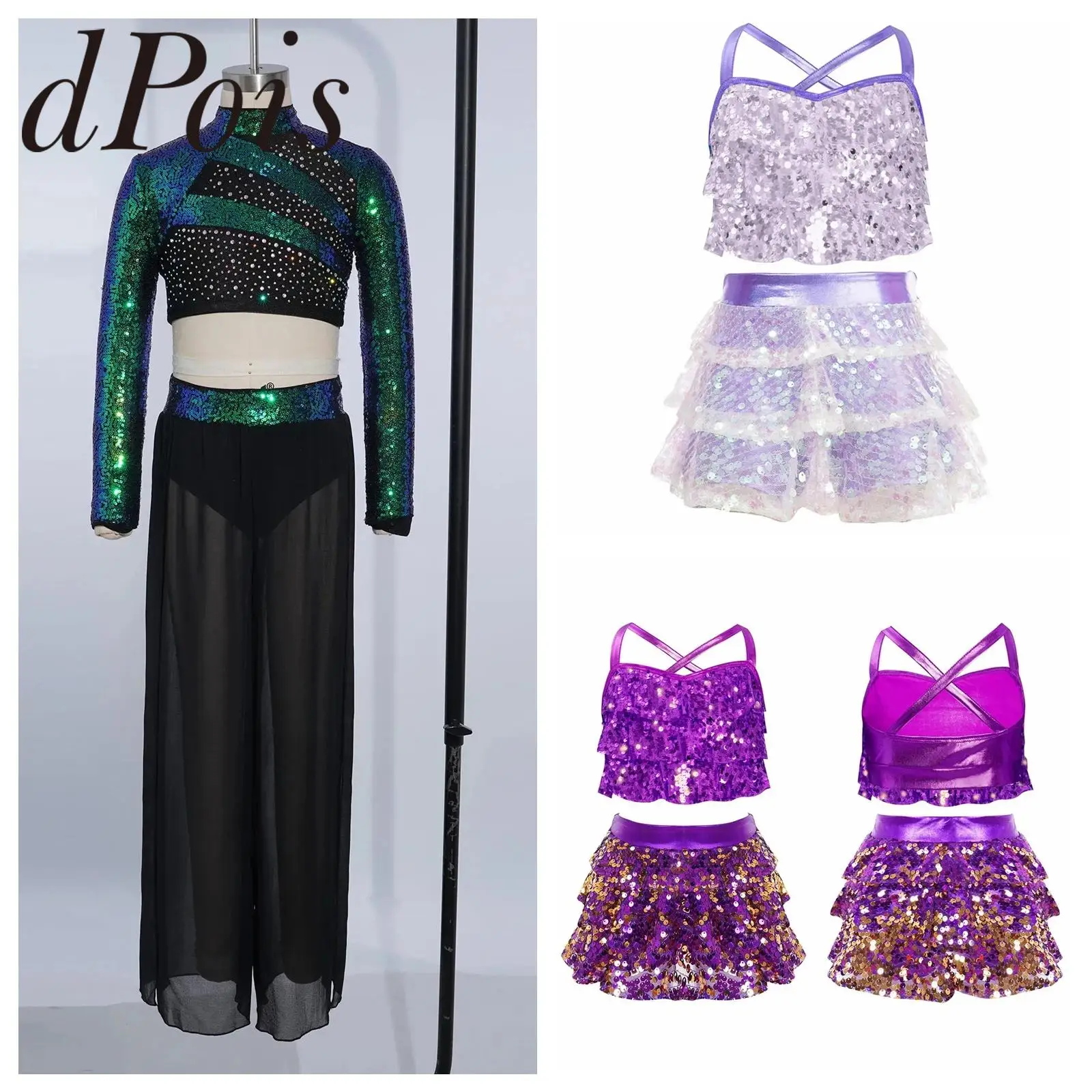Girls Lyrical Dance Set Pants Outfit Ballet Jazz Dance Costume Long Sleeve Sequin Crop Top with Skirts Trousers Performance Suit