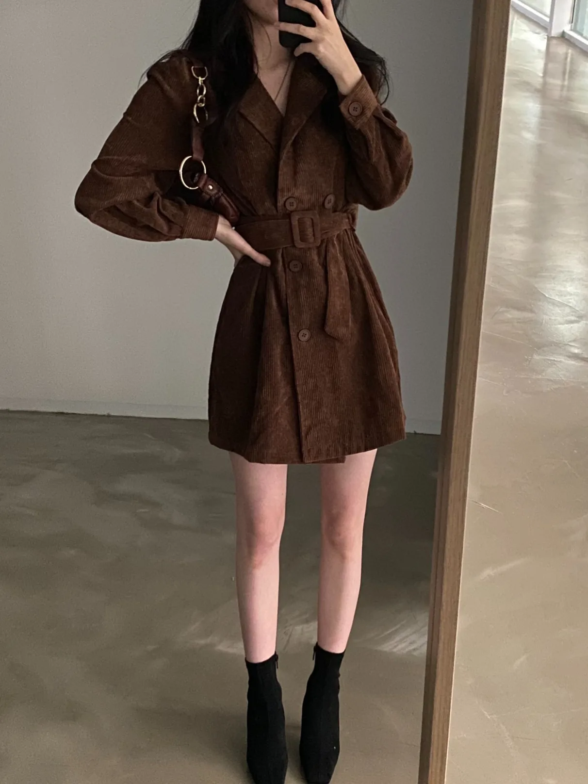 Slimming A-Line Dr Faionable Lapel Single Button Corduroy Waist Cinching Slim Fit Dr for Women Autumn New Sle