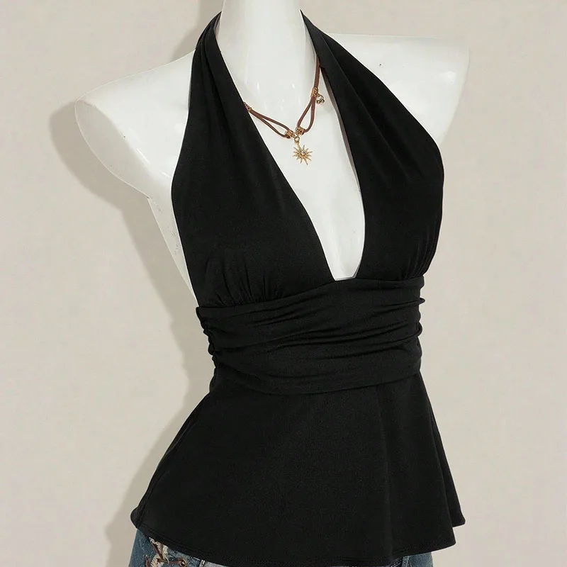 Deep V-neck Unique Design Slim-Fit Sexy Hot Girl Halter Socialite Style Backless Niche Solid Color Vest Y2k Style