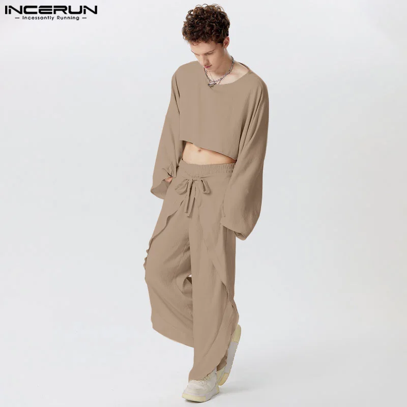 INCERUN Men Sets Solid Color O-neck Long Sleeve Crop Tops & Irregular Pants 2PCS Streetwear 2024 Fashion Men Casual Suits S-5XL