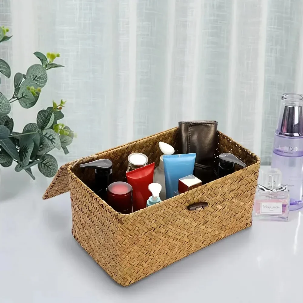 Handmade storage basket with lid, rectangular seaweed, rattan fabric, cosmetics, multi-purpose container, natural box