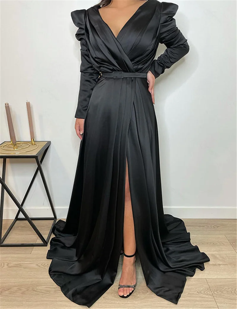 Elegant Custom Color A-Line Gown Evening Party Dresses Satin V-Neck Full Sleeves with Sashes High Slit Gowns robes de soirée