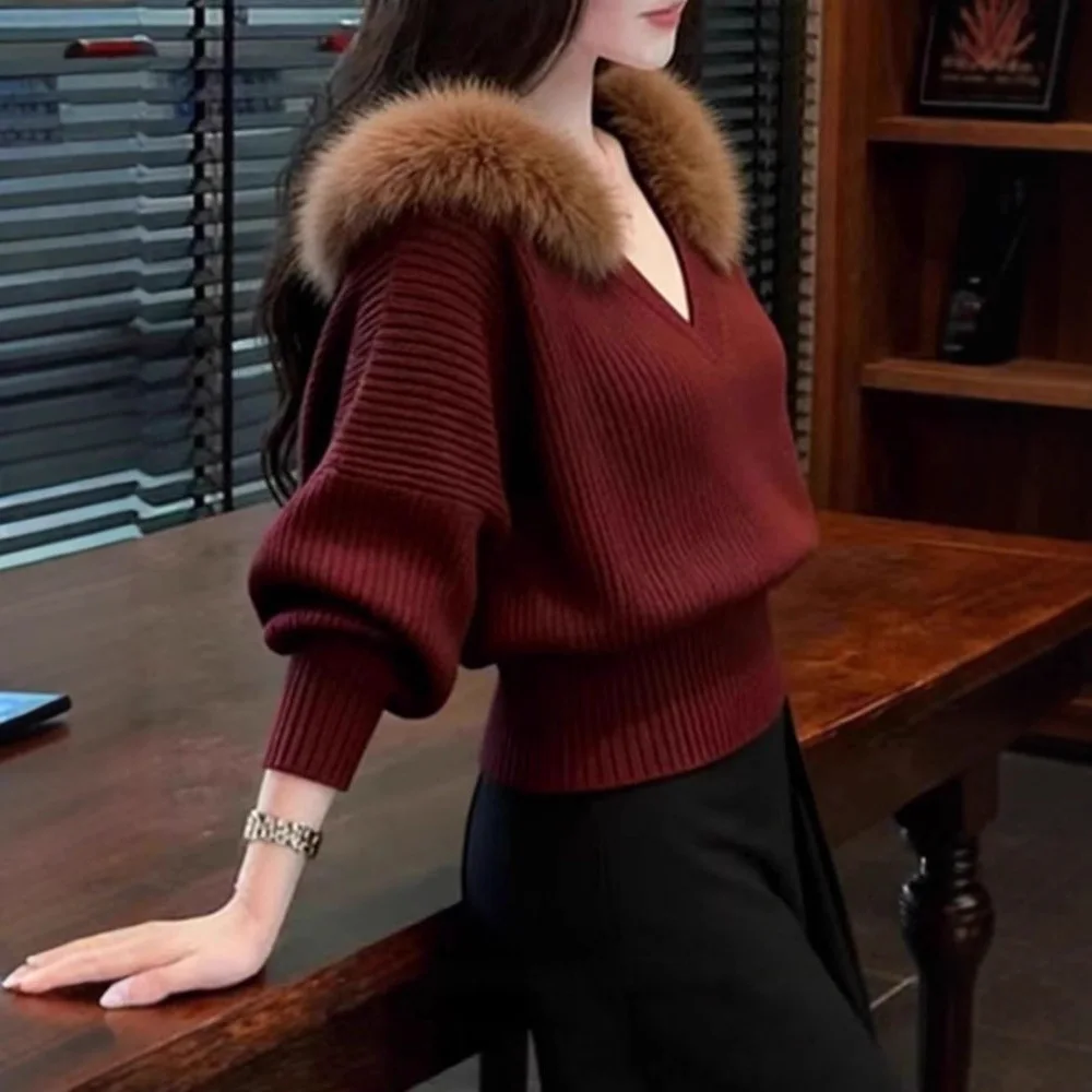 

2026 женский короткий свитер с v-образным вырезом и воротником из искусственного меха, пуловер с воздушными шариками и рукавами, вязаные топы, женский осенне-зимний свитер