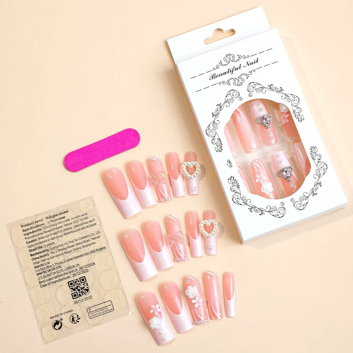 

24pcs Artifical Bails With Glue Fake Nail Tips With Design Detachable Press On Nails Long Fake Nail Finished Nail Piece Sticker