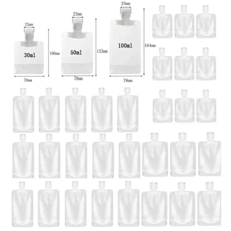 50個入り、30ml～100mlの容量、持ち運び用プラスチック製スクイーズボトル。フタ付きで詰め替え可能。洗顔料やシャンプーなどのトラベル用ローション容器として。