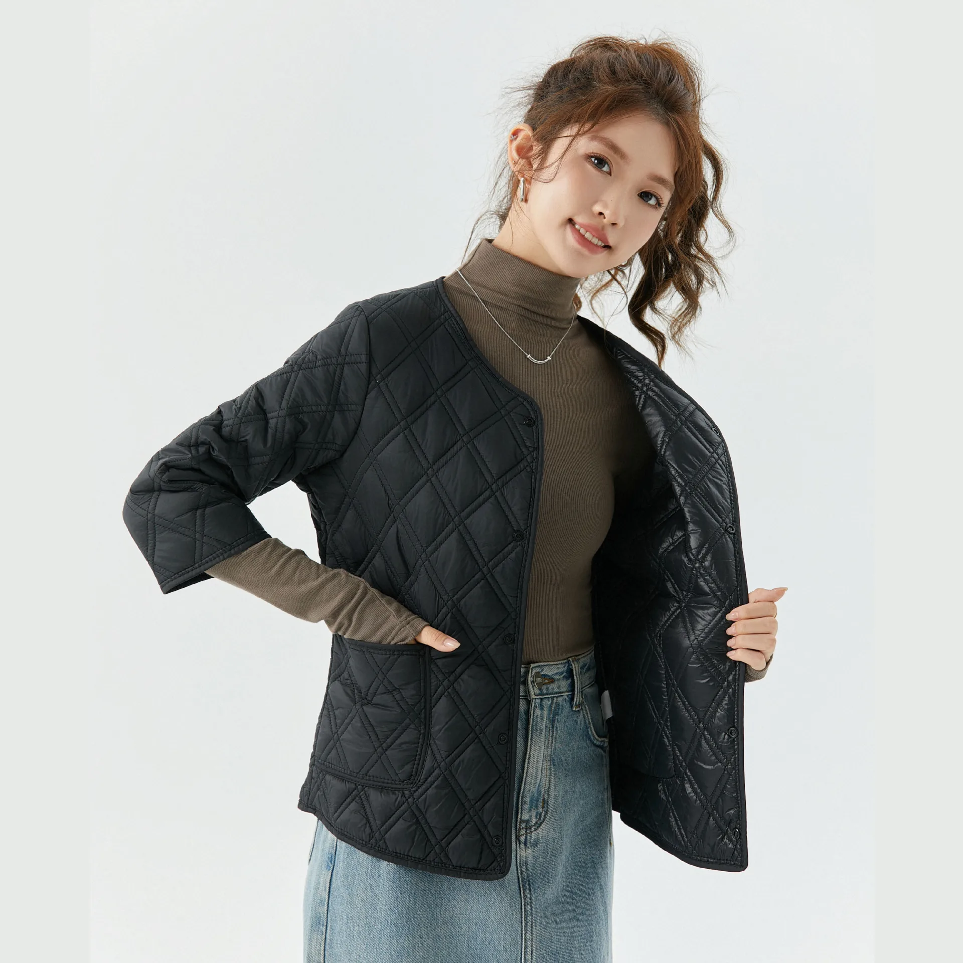 

Women's Three Quater Sleeve Single-breasted Solid Color Casual Trendy Loose Simple Basic Quilted Jackets Female Clothes Coats