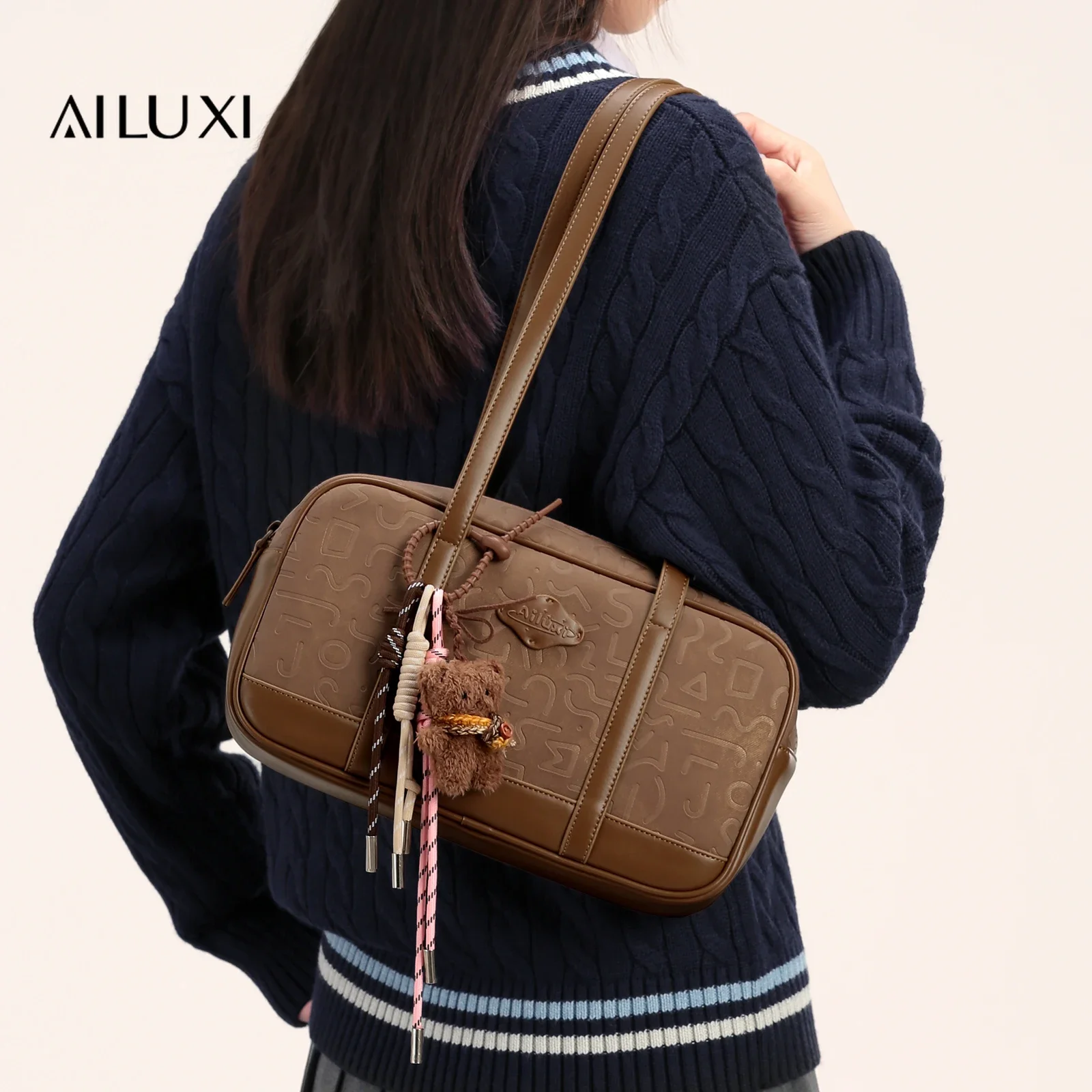 AILUXI Brown Bowling Bag for Women Retro Embossed Commuter Zipper Handbag with Cute Pendent Christmas Gift Ladies Shoulder Bag