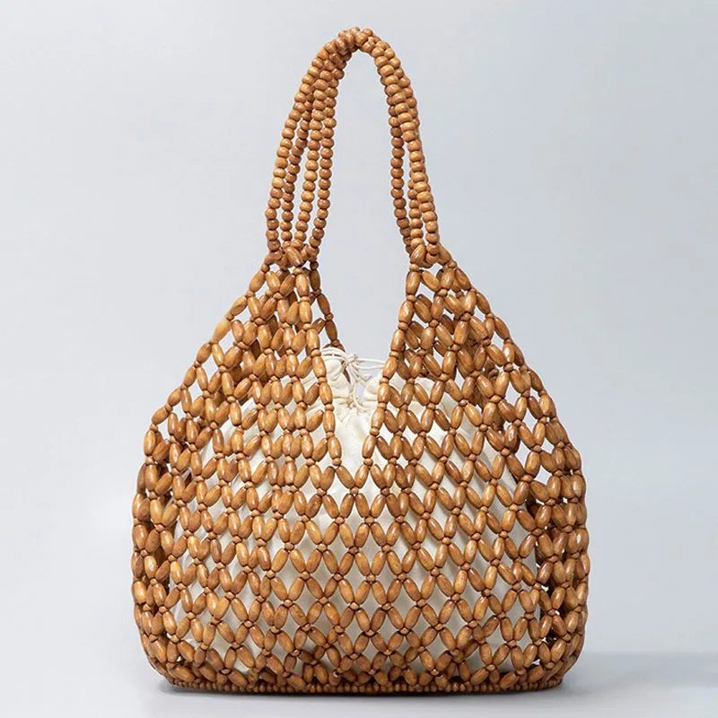 Handmade Woven Beaded Handbag for Women Exquisite Hollow-out Wooden Beaded Shoulder Bag Female Beach Bag