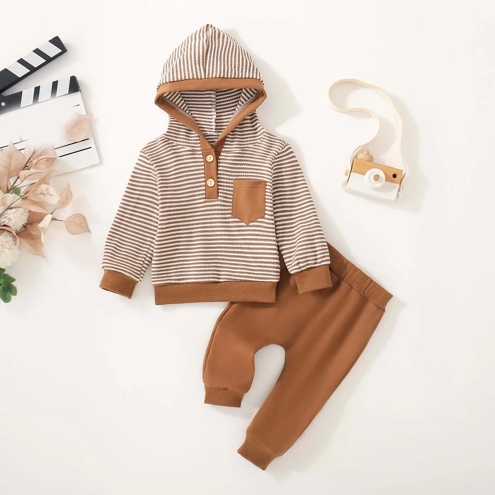 

Baby Boys Autumn Winter Outfit Set Waffle Knit Striped Long Sleeve Hooded Top And Solid Color Pants Casual Two Piece Sets