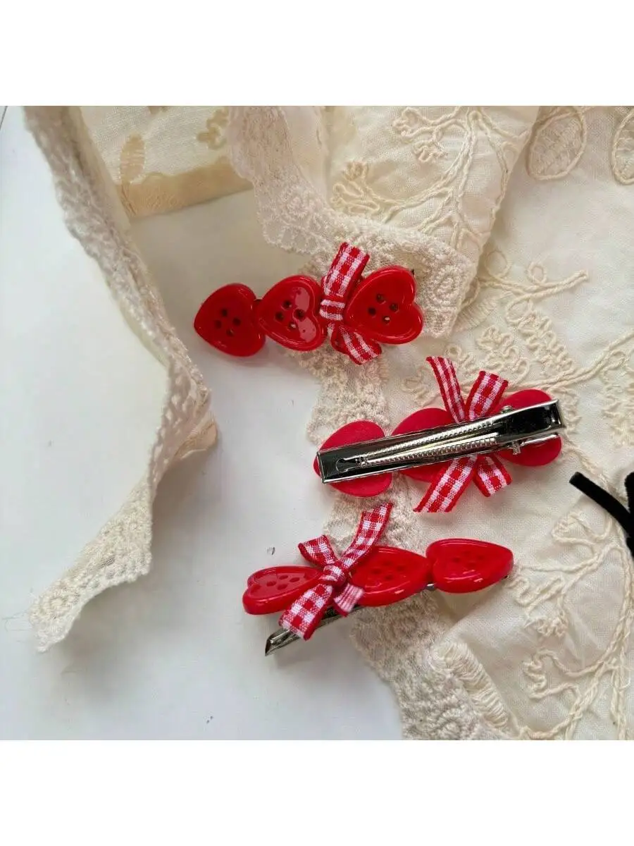 

2pcs Red Heart Button Hair Clips With Gingham Bow For Women