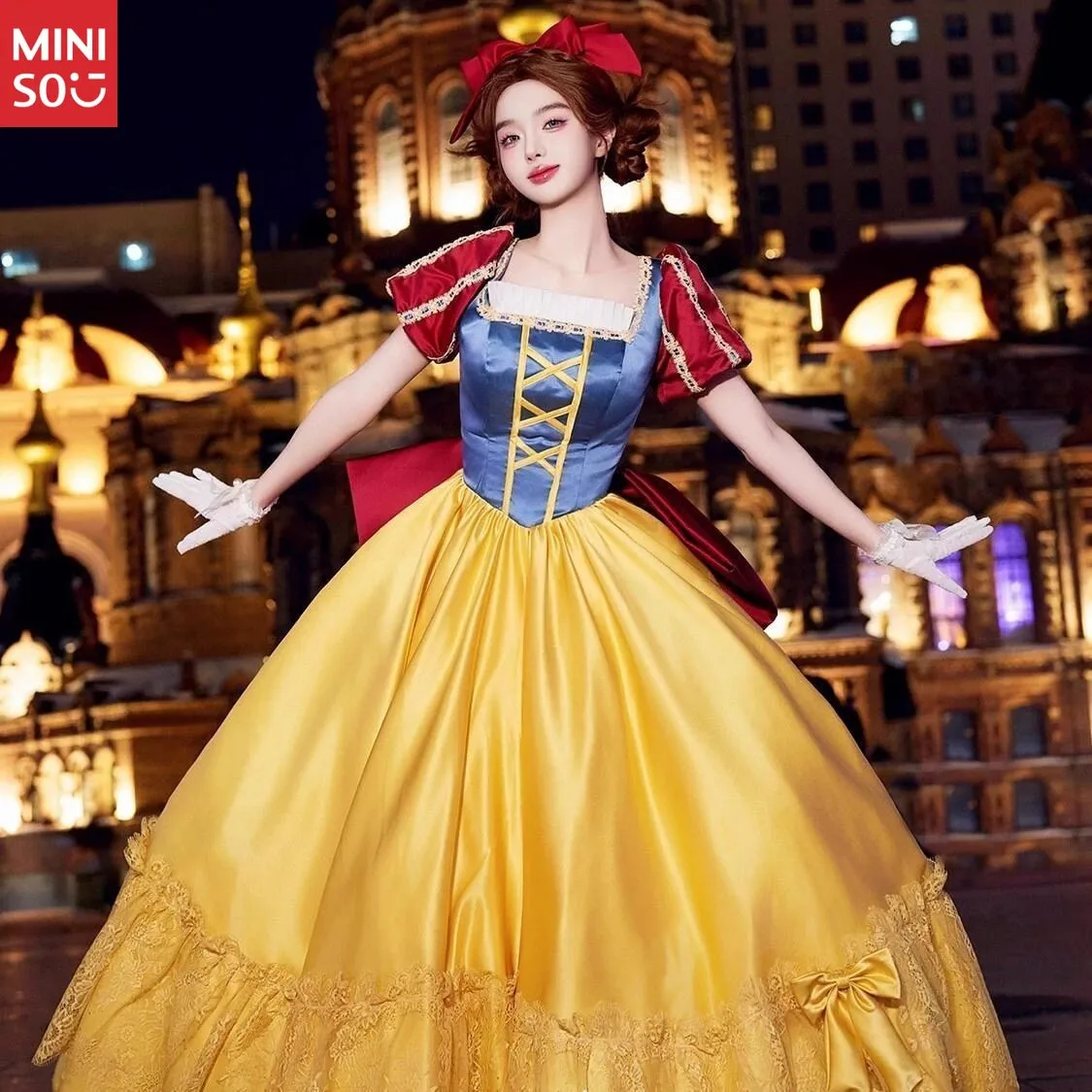 

Miniso Snow White Costume Dress with Red Hair Bow, Classic Yellow Blue Princess Gown for Girls