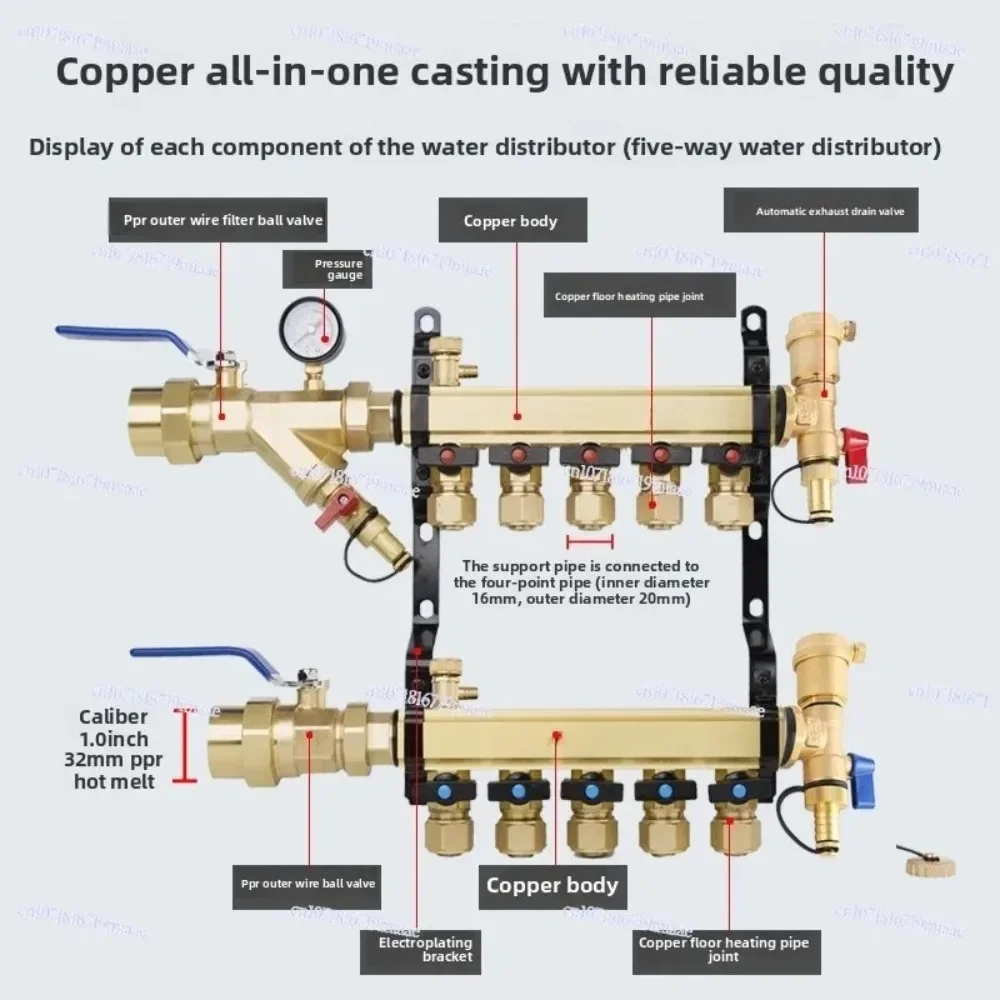 Household Geothermal Water Manifold All Copper Large Flow Floor Heating Collector With 32mm 1 Inch Main Pipe