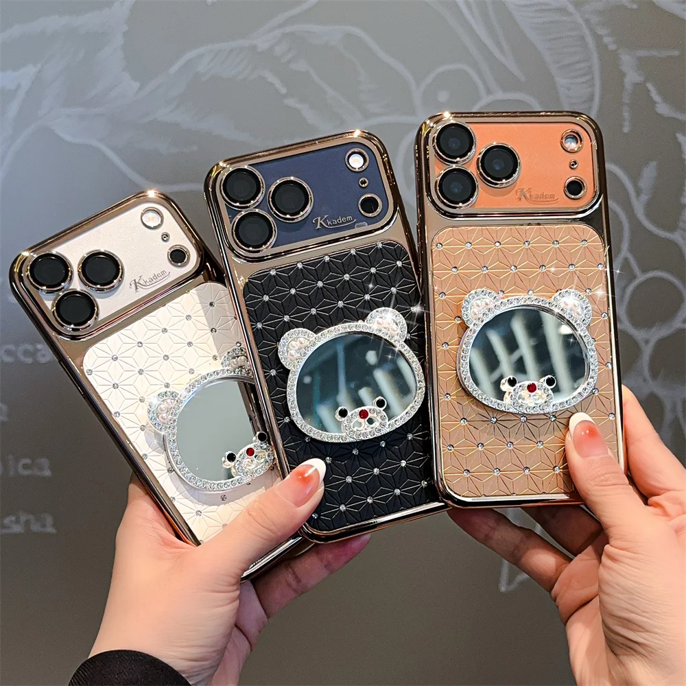 

Fashion Leather Luxury Diamond Bear with Mirror Phone Case for iPhone 16 17 Pro Max 13 14 15 Pro 16 Pro Cover Korean Cute Case