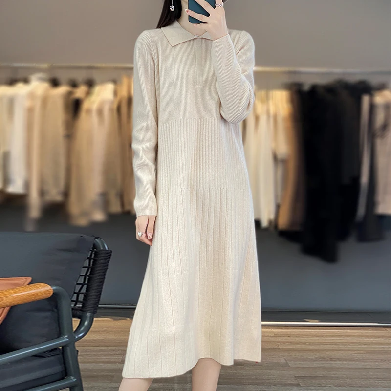 

Shirt Collar Pullover Long Dress 100% Merino Wool Ladies' Minimalist Knee-Length Sweater Dress Women Autumn Winter Casual Knit