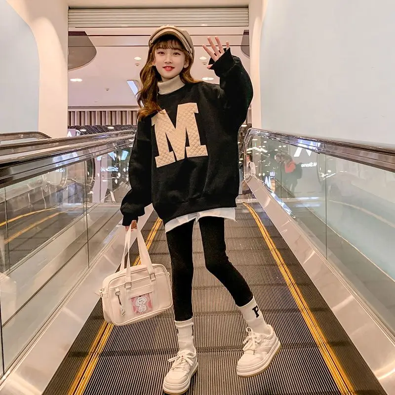 2025 New Winter Girls Korean Style Stylish Toddler & Big Kid Extra Thick Integrated Fleece-Lined Turtleneck Sweatshirt