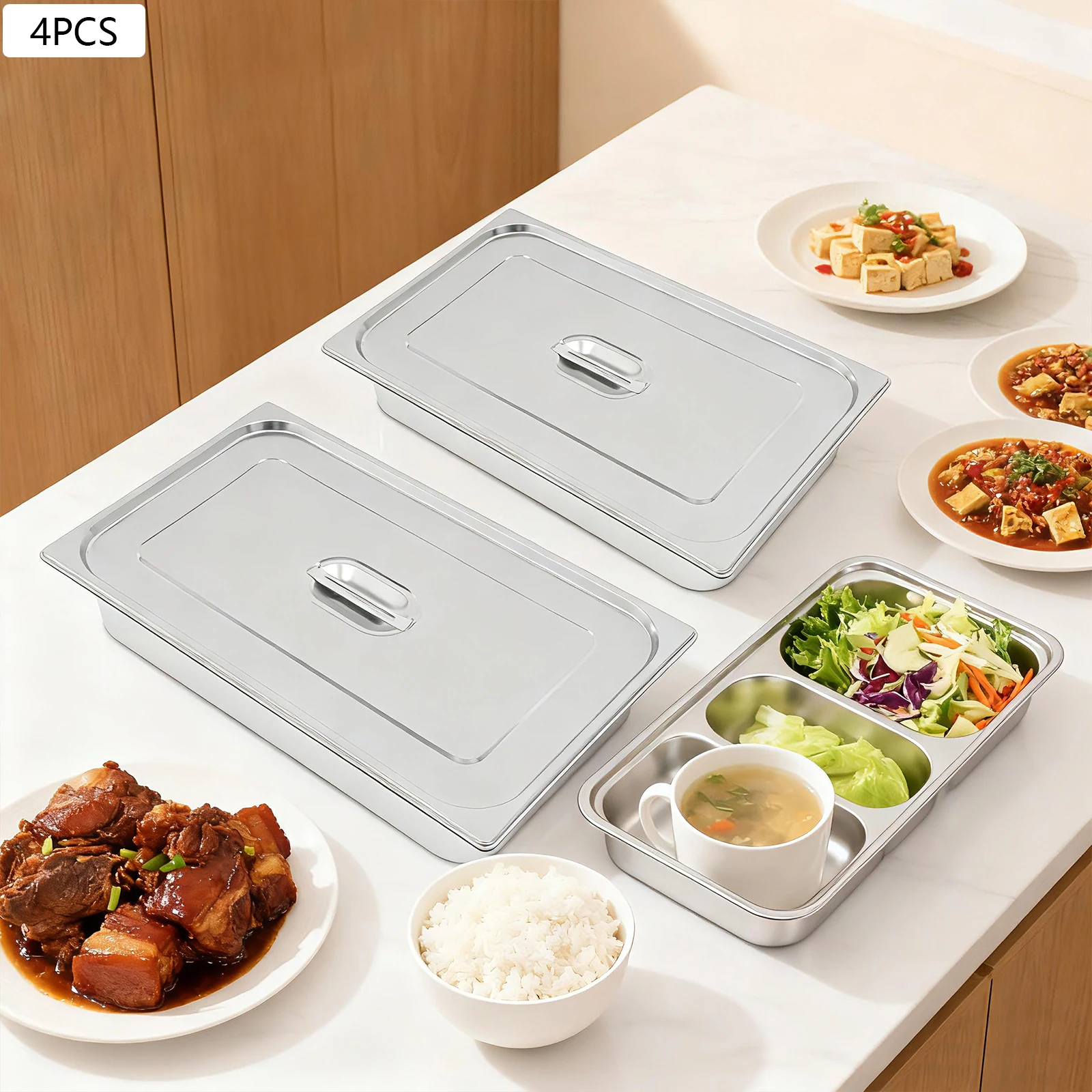 4Pcs 32.5*26.5*10cm Stainless Steel Steam Table Pans With Lids, 7.5L Food Plate, Food Pan Chafing Dishes For Buffets, Catering, Home