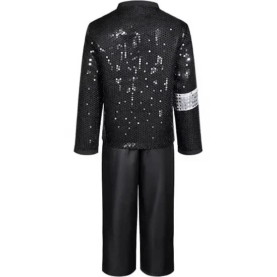 Kinder Jungen Retro Popstar Hip-Hop Performance-Set Paillettenjacke Hose Accessoires für Karneval Geburtstag Themenparty Verkleidung – Detail 5